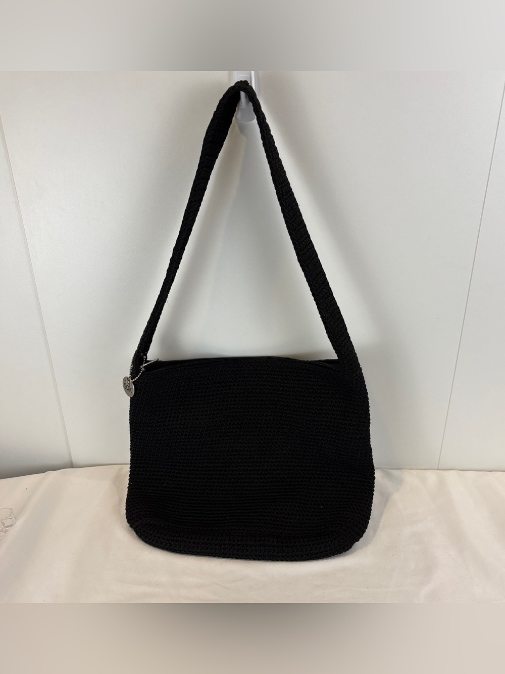 The Sak Black Woven Crochet Knit Shoulder Bag EUC Medium Hobo Purse Boho Hippie